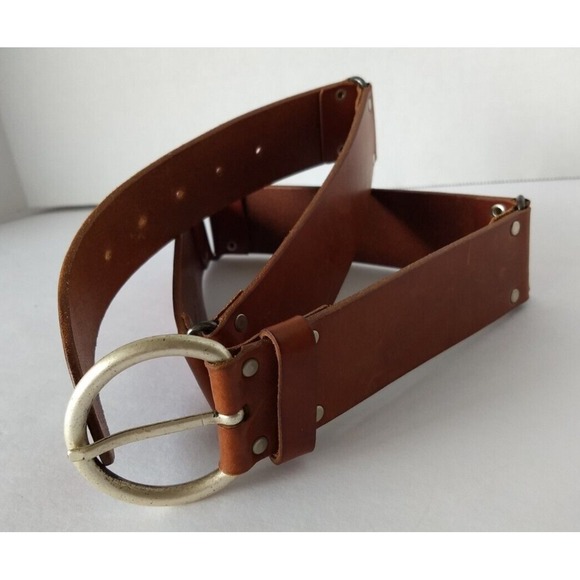 Frank Daniel Italy Cognac Leather Belt Mens 32 5-Strap Rectangular Rings Studded - Picture 1 of 16